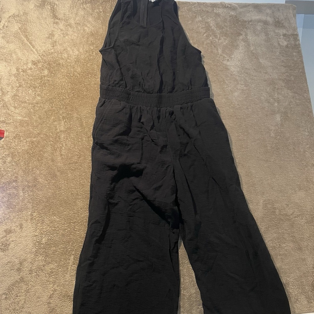 A New Day Jumpsuit Womens Large Black Wide Leg Sleeveless Stretch Pockets Cinche